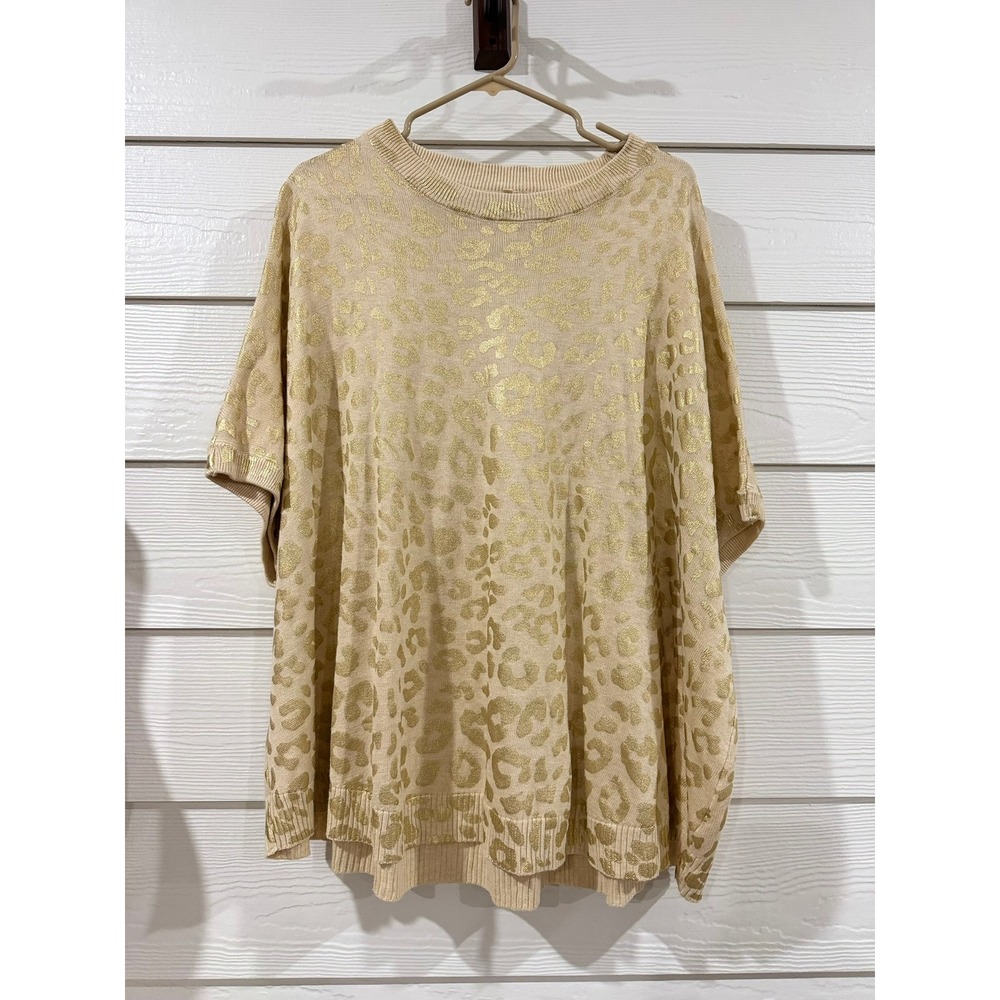 B- 034- Jodifl Womens Gold Metallic Leopard Animal Print Short Sleeve Sweater